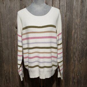 NEW Design History L Sweater Cream Multicolor Stripe Waffle Knit Pullover